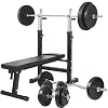 GORILLA SPORTS® Halterbank – met plank en dip-station, incl. halterset 100kg, verstelbare hoogte en hellingshoek, inklapbaar, zwart/wit – drukbank, platte bank, multifunctioneel, trainingsbank