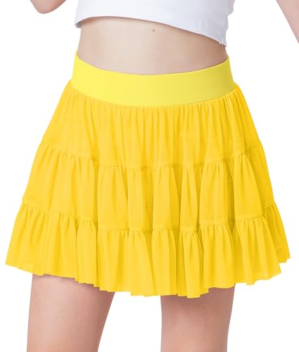 IIMMER Child Girls Summer Mesh Ruffle Flowy Tennis Skirt with Shorts Pleated Elastic Waist Sport Skort Yellow 9-10 Years