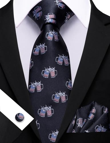 Image of Barry.Wang Fun Animal Ties for Men Designer Handkerchief Cufflink WOVEN Casual Necktie Set Festival