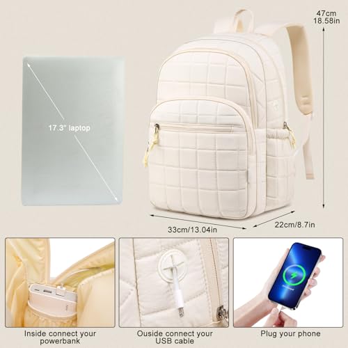 Image of kadilong 17.3 Inch Laptop Backpack for Women College Travel,Quilted Daypack Bookbag for School Teen Girls Mochilas Mujer,Beige