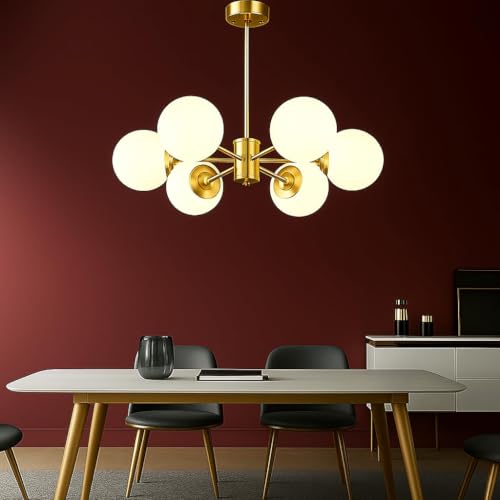 Image of Weldecor Modern Globe Chandelier, 6-Light Ceiling Light Fixture, Brass Gold with White Glass Shades
