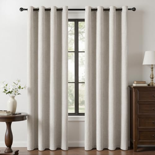 Image of 100% Blackout Curtains for Bedroom, Luxury Chenille Thermal Insulated Drapes for Living Room, Energy Saving Room Darkening 90 Inch Long Curtains, Grommet Top, 2 Panels, 52 inch W x 90 inch L, Beige
