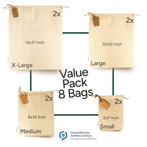 Image of LEAFICO Muslin Cloth Bags with Drawstrings - Set of 8 (S, M, L, XL) - Reusable Natural Cotton Bags for Bulk Food Storage - Canvas Fabric Sachets