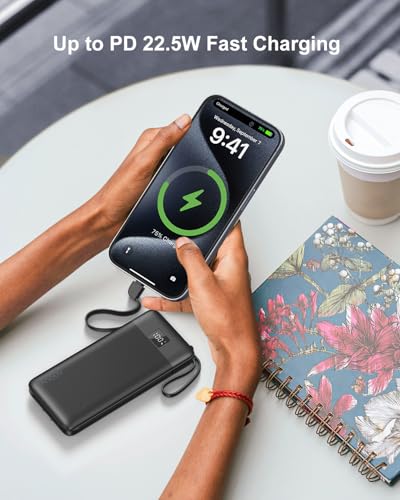 Image of Portable Charger Built-in Cables and AC Wall Plug, 10000mAh 22.5W PD Fast Charging Power Bank, Lightweight Compact Battery Pack Travel Essentials for iPhone 17 /16 /15 /14 /13 Series,Samsung,Tablets