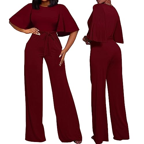 BessCops Womens Loose Short Sleeve Belted Wide Leg Pant Romper Jumpsuit Casual Business One Piece Outfits - Image 4