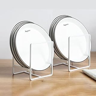 ZAYMDO Dish Drainers Plate Organizer, 2Pcs White Metal Vertical Plate Dish Rack Plate Holder, Dish Draining/ Drying Rack/ Pan Holder Stand for Kitchen, Counter Top or Cabinet Shelf (White Large)