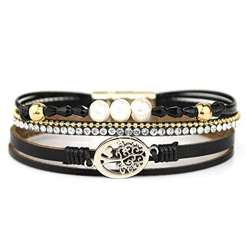POMINA Multilayer Leather Wrap Bracelet Boho Leather Cuff Magnetic Bangle Bracelet for Women Teen Girls (Tree of Life/Pearl- Black)