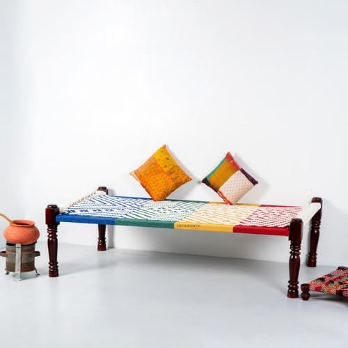Image of Solid Sheesham Wood Charpai Khat | Handcrafted Daybed Khatiya Charpai with Cotton Rope | Traditional Khat Bed Wooden Diwan Cot for Living Room | 6X3 Feet | Colorful 0010 (White-Multi)