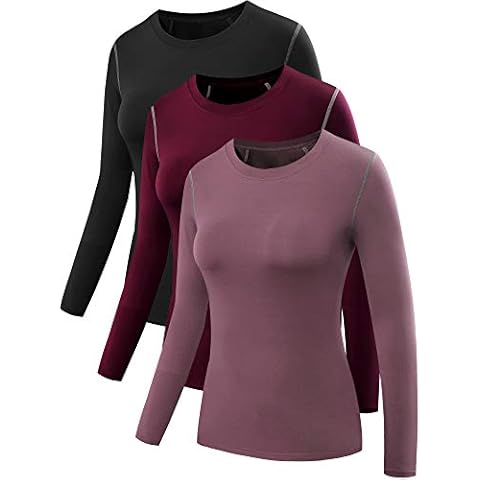 Neleus Women's 3 Pack Athletic Compression Long Sleeve T Shirt Dry Fit, 03# Black/Burgundy/Rosy Brown,3 Pack, Large Cover