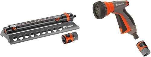 GARDENA 1973 Aquazoom - Aspersor oscilante de 2700 pies cuadrados y pistola de pulverización multiusos 7 en 1 de metal de control 32121 con control