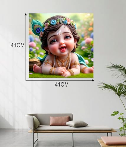 Image of Akki Wold Baby Krishna With Flower Hairband Wall Poster Living Room, Office, Pooja Room (Size - 41CM X 41CM)