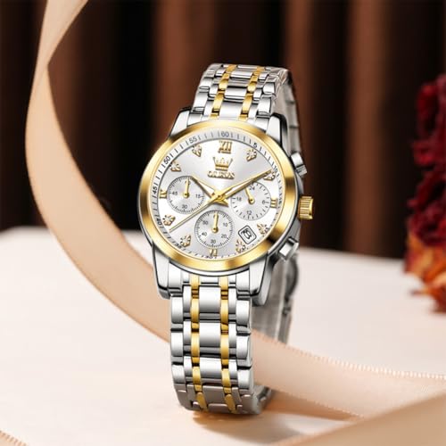 Image of OLEVS Women Watch Multifunctional Two Tone Watch Fashion Business Analog Quartz Ladies Watch Stainless Steel Waterproof Diamond Watch for Women