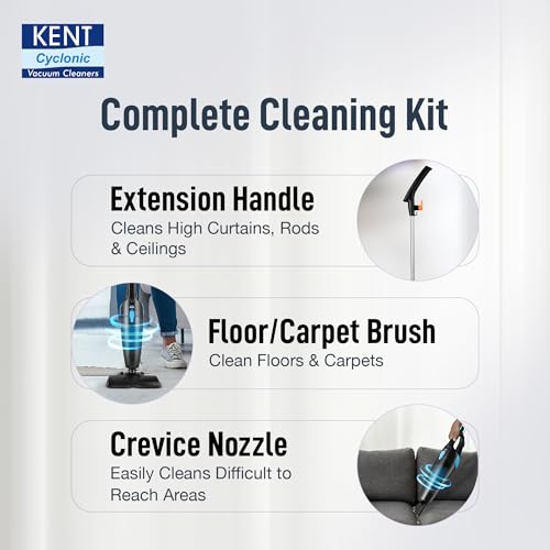 Image of KENT Dash Vacuum Cleaner | 600W | High Suction Power >16 kPa | Cyclone5 Technology and HEPA Filter | Bagless Design | Ideal for Floor, Curtain, Carpet, Sofa & Car | Black & Blue