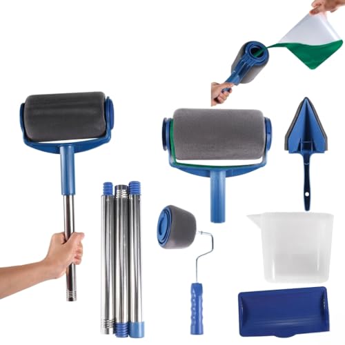 8PCS Paint Runner Pro Roller Brush Set with Extension Handle | DIY Wall & Ceiling Painting Kit with Flocked Edger, Corner Cutter, Tray & Pour Jug | Reusable Paint Roller Kit for Home