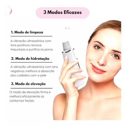 Peeling Ultrassônico para Limpeza Facial, 3 Modos, Peeling e Ionização, Recarregável USB