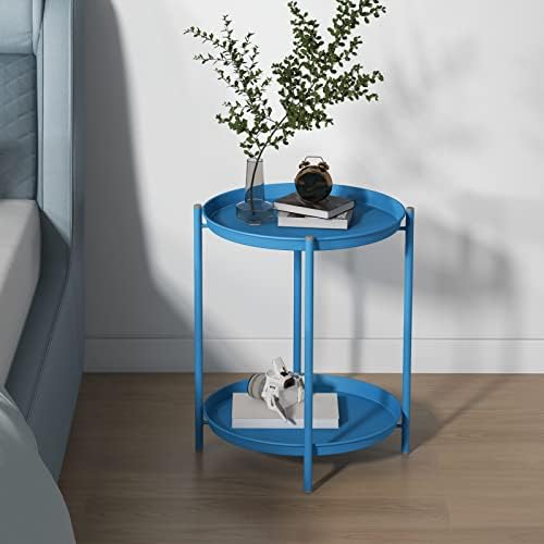 Grand patio Indoor & Outdoor Folding Side Table, Removable 2-Tier End Table with Steel Frame and Removable Tray for Living Room Bedroom Balcony Garden, Peacock Blue