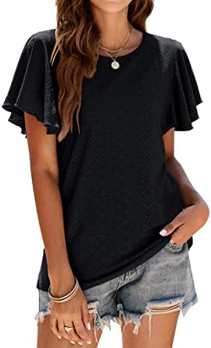 isermeo Womens Tshirts Loose Fit Crew Neck Ruffle Sleeve Summer Casual Tunic Tops S-XXL