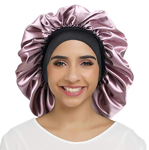 SENGTERM Bonnet de Nuit en Satin élastique à Large bande pour Femme,Cheveux Longs, Cheveux Bouclés (L, champagne)