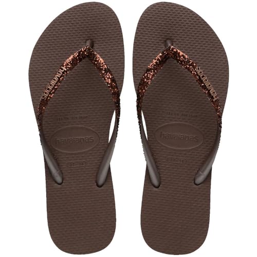 Havaianas Chinelo Slim, Feminino, Marrom com Glitter Bronze, Borracha, Tiras Finas, Sola Anatômica, para Lazer e Praia (Café, BR, Adulto, Faixa Numérico, M, 37, 38)
