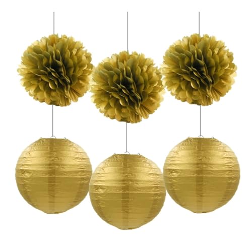 HDICUHNANU Farolillos de Colgantes Kit De Manualidades 6 Farolillos Bolas con Flores Papel For Decoraciones Cumpleaños Y Bodas Tradicionales Chinas(Gold)
