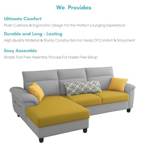 Image of Casaliving Seams LHS 4 Seater L Shape Sofa for Living Room (Yellow Grey Fabric) Premium Fabric Sofa