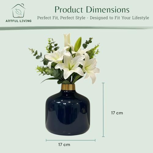 Image of Artful Living India - Round Metal Flower Vase | Round Vintage Vase for Living Room, Table, Office Decoration & Home Decor | Antique Decorative Metal Vase (Midnight Blue)