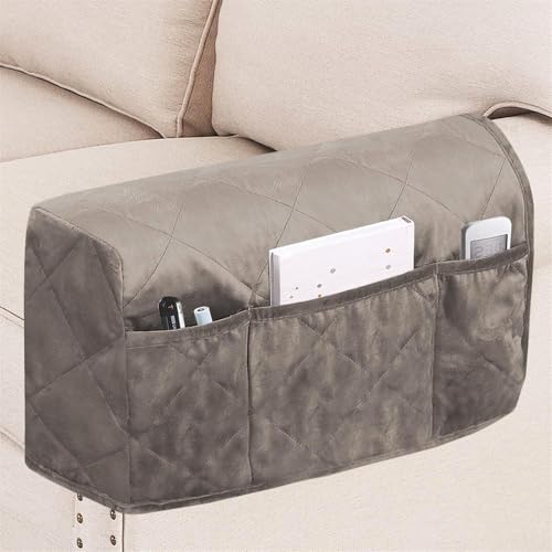 BXFUL Samt Armlehnenbezüge 2er Set mit Seitentaschen rutschfeste Sofaschoner für Hunde, Universell für Sofas, Sessel Liegesessel, Maschinenwaschbar (Taupe)