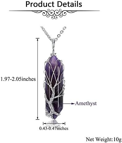 JSDDE Natural Amethyst Crystal Stone Necklace Tree of Life Silver Wrapped Quartz Gemstone Pendant Necklaces Jewelry for Women