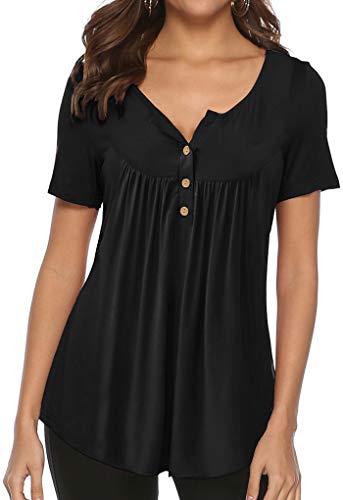 Women Shirts with Buttons Casual Summer Loose Tops and Blouses Short Sleeve Black M