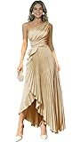 FoinLuve Pleated One Shoulder Bridesmaid Dresses for Women Long Satin Empire Waist A Line Formal Evening Gowns with Slit Champagne 08