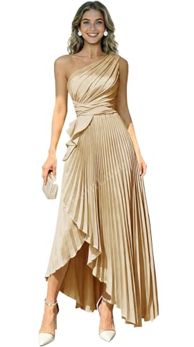 FoinLuve Pleated One Shoulder Bridesmaid Dresses for Women Long Satin Empire Waist A Line Formal Evening Gowns with Slit Champagne 00