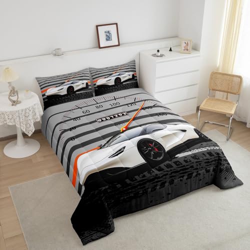 Image of Feelyou Black White Race car Airplane Comforter Set Speed Sports Car Bedding Set for Kids Teens Racing Car Comforter Extreme Sports Duvet Set Decor Quilt 2Pcs Twin Size Boys