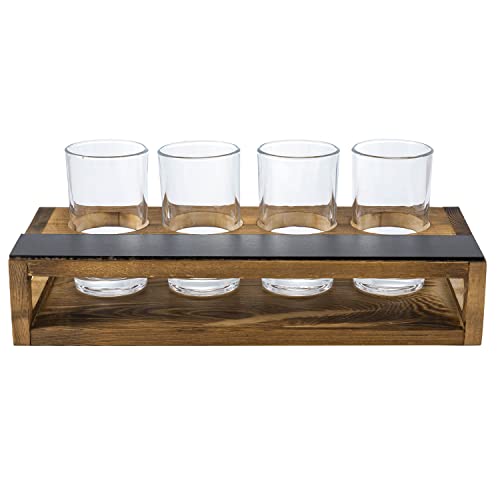 Mygift Rustic Dark Brown Burnt Solid Wood Sampler Tray Beer Flight Holder Serving Set With 4 Glasses And Erasable Chalkboard Label, Set Of 2 #TOP5