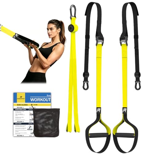 RHINOSPORT Sling Trainer - Full Body Training, Strength & Home Workout, Bodyweight Resistance Fitness Home Gym Equipment - Indoor/Outdoor (Yellow)