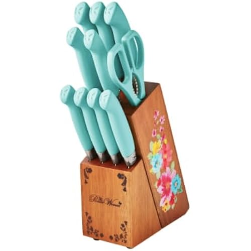 Pioneer Woman Breezy Blossoms 11-Piece Knife Block Set, Stainless Steel Cutlery, Teal Handles, Floral Wood Block