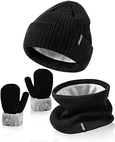 Baby Beanie Mittens Scarf Set Girls Boys, Toddler Winter Hat and Gloves Neck Warmer Set Knit Warm with Fleece Lining, Kids Cold Weather Accessories Sets for Children Infant(Black,6-36 Months)