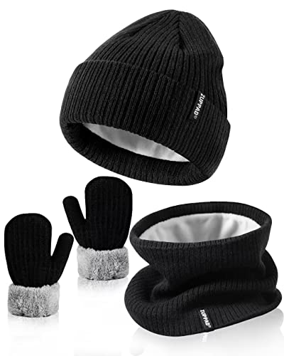 Baby Beanie Mittens Scarf Set Girls Boys, Toddler Winter Hat And Gloves Neck Warmer Set Knit Warm With Fleece Lining, Kids Cold Weather Accessories Sets For Children Infant(Black,6-36 Months) #TOP6