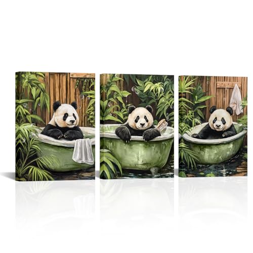 Nachic Wall Green Bathroom Wall Decor Panda Painting Print Set of 3 Cute Animal Pictures Canvas, 12 x 16 inchesx3PCS