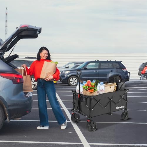 Sekey XXL Plus Bollerwagen Faltbar mit Bremsen 200L 200KG Belastbar, Extra Breite Reifen All Terrain Bollerwagen, Patentiert Zusammenfaltbar aus Vier Richtungen, XXL-PlusB 4011, Schwarz
