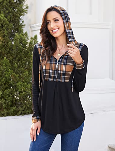 Bulotus Womens Tunic Tops To Wear With Leggings, Quarter Zip Pullover Casual Long Hoodies For Women Flannel Shirts Long Sleeve Tunic Sweatshirts For Women, Khaki Plaid, X-Large #TOP2