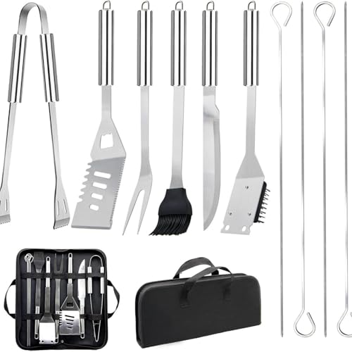 Utensilios Barbacoa Profesional de Acero Inoxidable 10 Piezas, Profesional Kit de Herramientas para Barbacoa con Bolsa Oxford para Camping, Barbacoa en la terraza