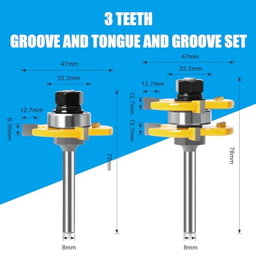 WOBLLMX 2 Stücke Groove und Tongue Zunge und Nut Set,8mm Schaft 3 Zähne Einstellbare T Form Holzbearbeitung Fräser Set,Oberfräser Holzbearbeitung Fräsen Holzschneider Werkzeug