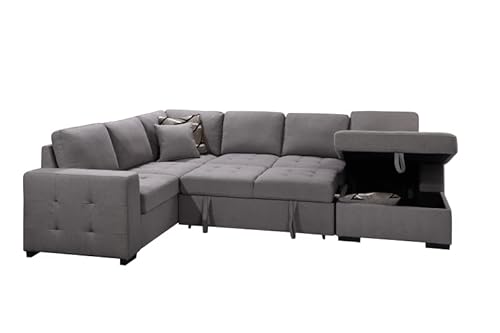 U-Shaped Oversized Polyester Sectional Sofa With Pull Out Sleeper Couch Bed & Storage Chaise Lounge, King Functional Sofá W/ 4 Pillows For Large Flat Mansion Villa Living Room Furniture Sets, Grey #TOP1