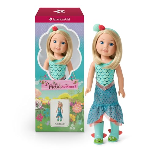 American Girl WellieWishers 14.5-inch Camille Doll with Blue Leotard, Mermaid Skirt, Headband, and Boots, For Ages 4+