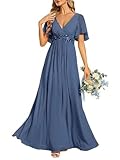 Ever-Pretty Women's Chiffon V Neck Short Sleeves Appliques Bridesmaid Dressses Evening Dresses Dusty Navy 16UK