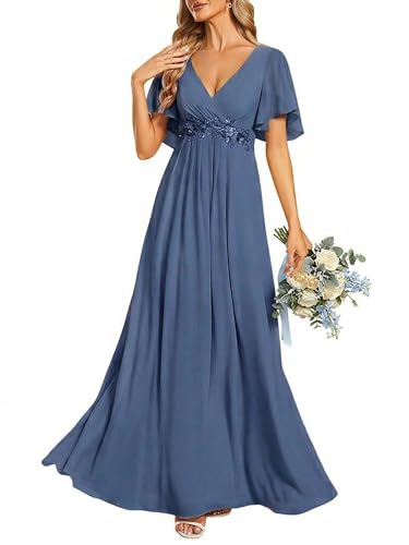 Ever-Pretty Women's Spring Short Sleeve Bridesmaid Dresses V-Neck Chiffon Ruched Empire Waist Appliques Long Formal Dress Dusty Navy US16