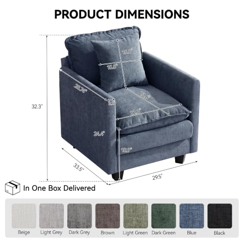 Image of 30'' Cloud Single Couch, Cloud Sofa with Throw Pillow, Modern 1 Seater Reading Chair with Deep Seat, Accent Chairs for Living Room, Bedroom, Small Apartment, Blue