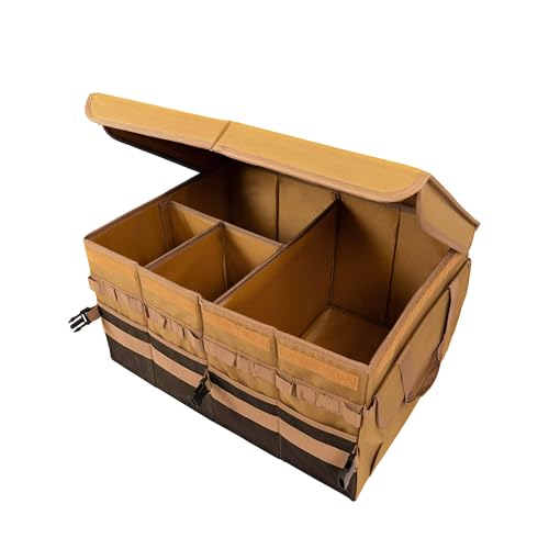 Tongketec Trunk Organizer Wiith Lid For SUV Truck, Car Trunk Organizer, Truck Bed Organizer, Large, Brown, 4-Compartments With Handle
