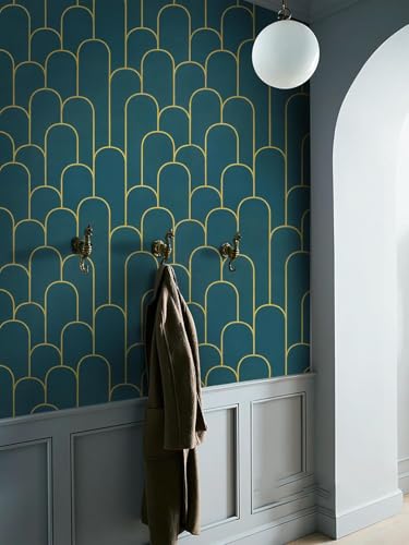 Image of VKR Modern Geometric Peel and Stick Wallpaper Roll | Self Adhesive Waterproof Vinyl Wall Covering for Bedroom, Living Room, Office, Cabinet & Furniture Decor (45 x 300cm, Teal Gold Pattern)