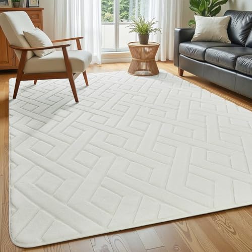 Image of Macgace Ultra Soft Cream White Area Rug for Living Room, 5x7 Modern Geometric Shag Rugs with Nonslip Backing for Bedroom, Washable Fuzzy Carpet for Cozy Kids Girls Room Nursery